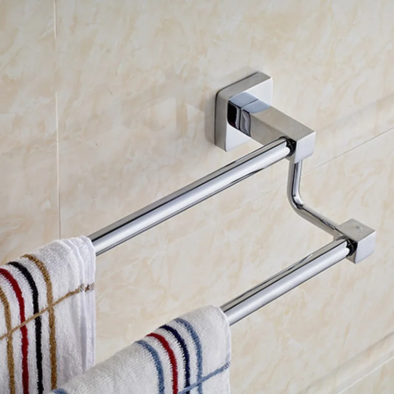 Chrome Plated Bathroom Double Towel Shelf Rack Holder Bath Towel Hanger Bar Square DesignTowel Rail Bathroom Accessories