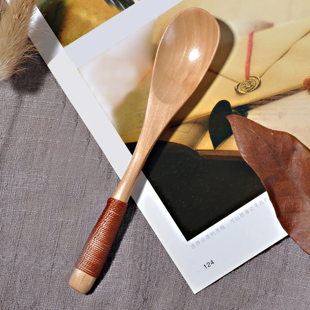 Small Scrub Brush Wooden Spoon Fork Kitchen Cooking Utensil Tools Soup-Teaspoon Tableware