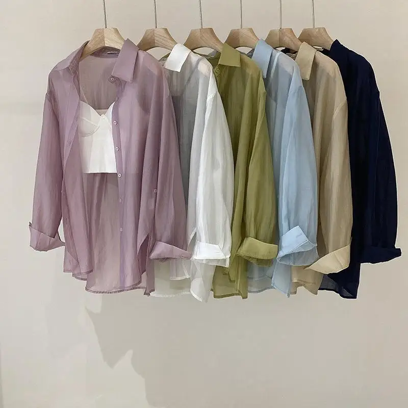 

Girls Korean Style Tencel Transparent Sun Protection Shirt Women Summer Loose Long Sleeve Button Up Air Conditioning Shirt Top