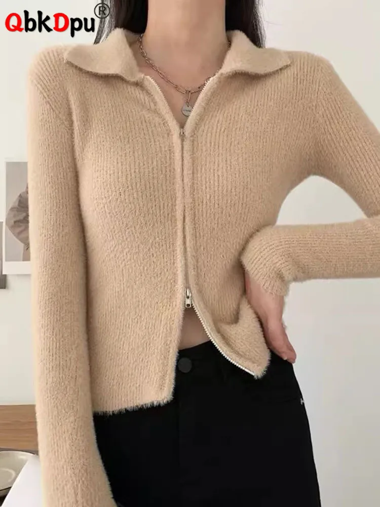 

Double Zipper Head Slim Knit Cardigan Coats Korean Imitation Mink Soft Sweater Jackets Casual Cropped Knitwears Tops Abrigos
