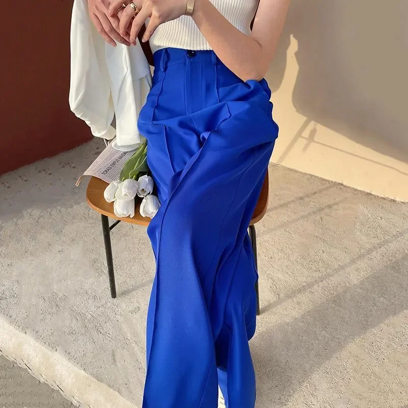 Blue White Wide Leg Pants Spring 2024 Womens Fashion Loose Women's Pants  Office Full Length High