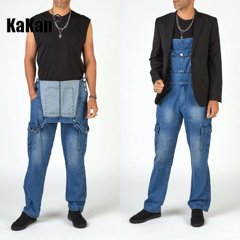 Kakan - European and American New Street Trendsetter Multi Pocket Men's Suspender Jeans, Blue Suspender Jumpsuit Jeans K34-667