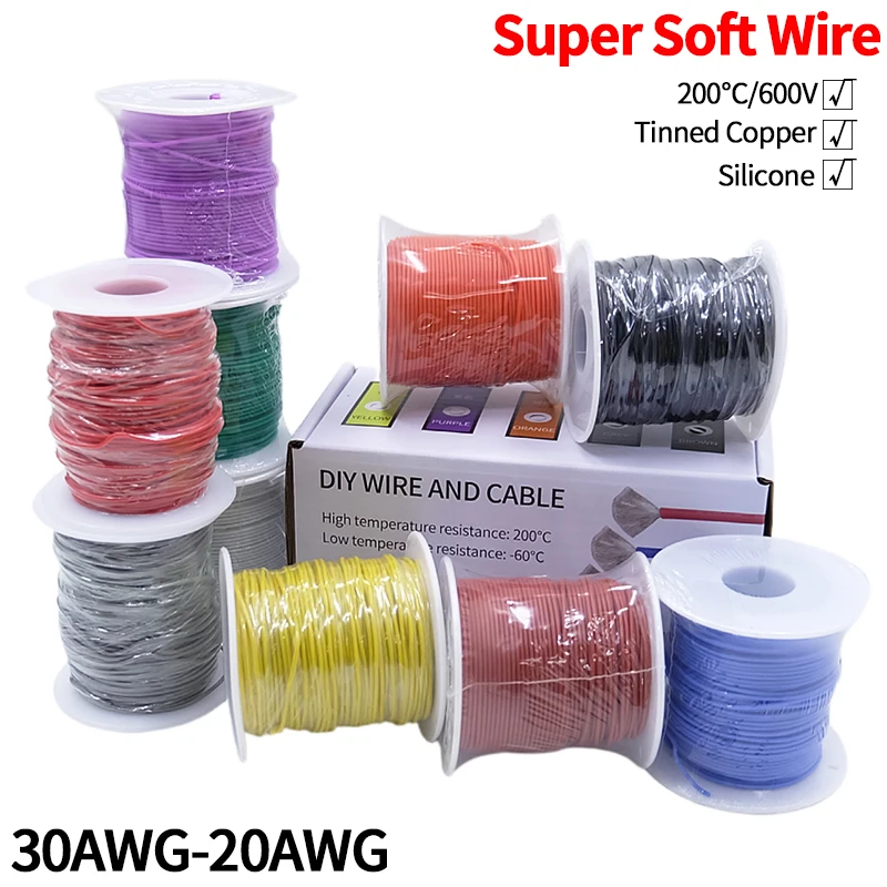 Super Soft Copper Wire Box Resistente ao Calor Flexível Silicone Elétrico Cabo de Cobre Estanhado Colors Mix Kit 30 Awg 28 Awg 26 Awg 24 Awg 22 Awg 20awg