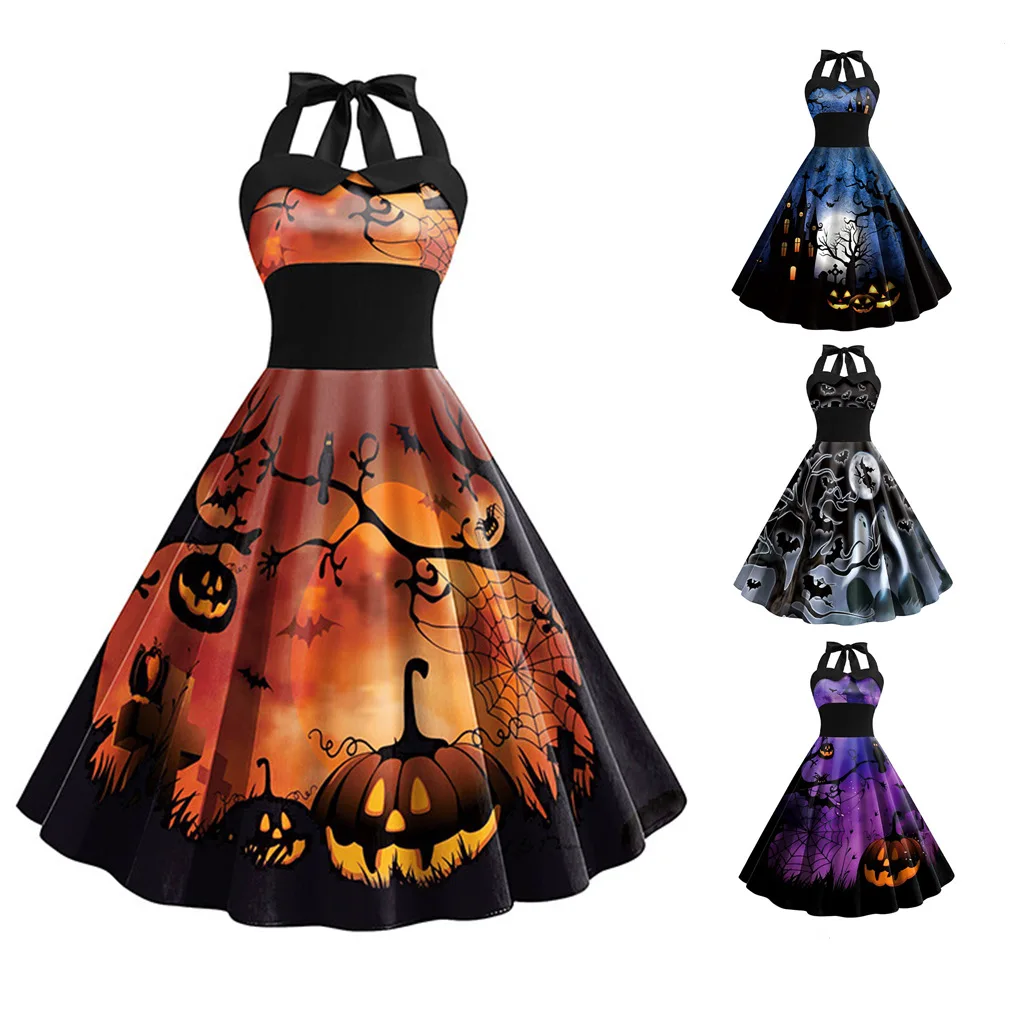 

Women Halloween Costumes Retro Gothic Black Party Dresses 2023 Autumn Robe Swing sleeveless Pumpkin Skull Print Cosplay Clothes