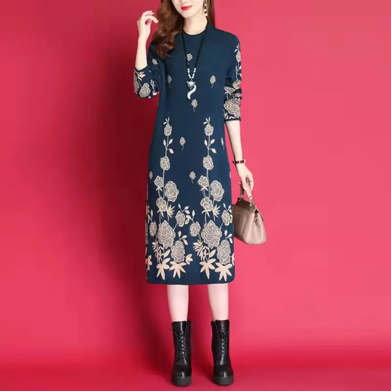 

Новинка 2023, модное платье до колен с цветами, осенне-зимнее теплое элегантное вязаное платье, корейское свободное кашемировое флисовое платье