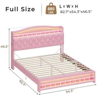 Full Bed Frame with LED Lights, Princess Velvet Upholstered Platform Bed for Girls, Headboard with Charging Station 2