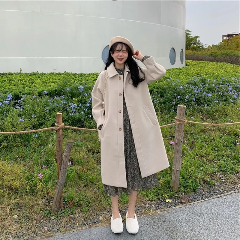 French Style Lapel Big Pocket Single Breasted Overcoats Autumn Winter Warm Thick Casual Outwears Fashion Elegant Blends Coats
