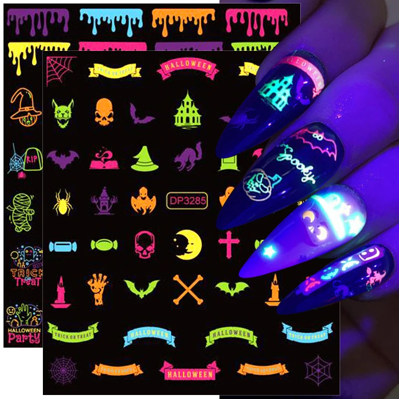 

1pcs Halloween 3D Nail Stickers Fluorescence Pumpkin Spider Luminous DIY Nail Decals Glow In The Dark Nail Art Decoration