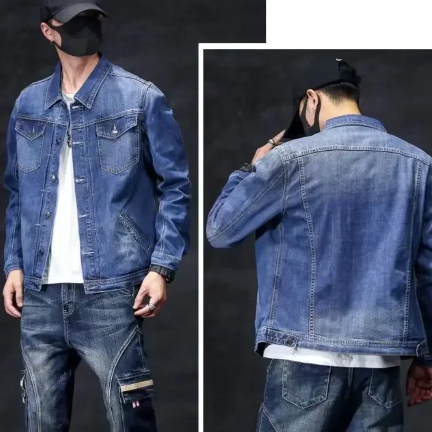 thumbnail image 1 of Abrigo vaquero para hombre con bordado, chaqueta vaquera para hombre, con agujeros azules rotos, talla L, holgado, lavado, elegante, caliente, Y2k, bajo coste, desgastado, 1 of 5