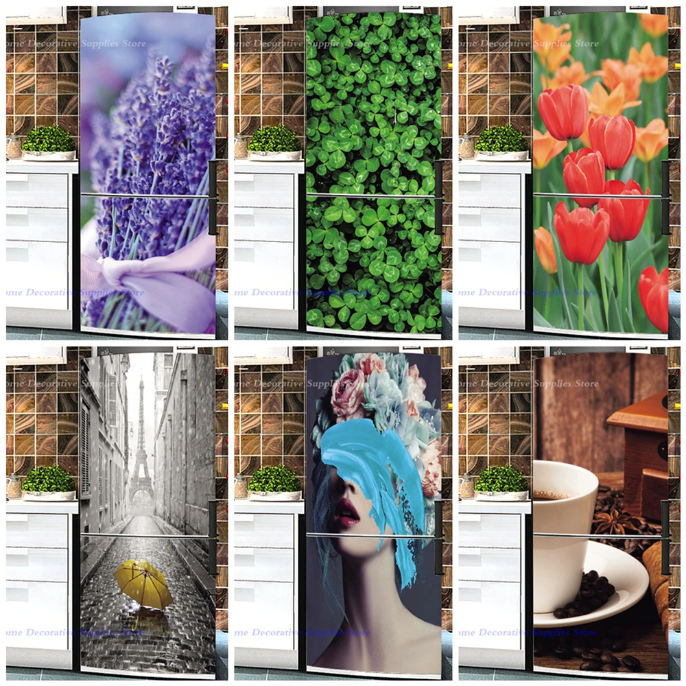 Lavender Tulips Green Leaves Refrigerator Adhesive Full Covering Poster