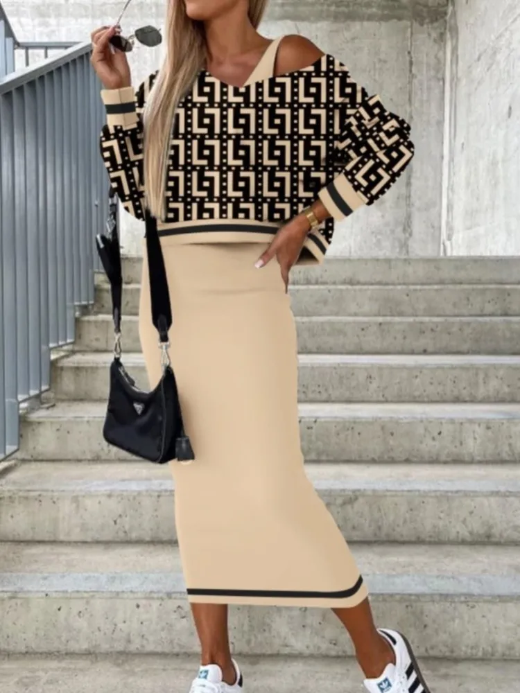 

Autumn And Winter New Batsleeve Long Skirt Wrap Buttock For Women's Suit Fashion Print Simple Slim Female Casual 2 Piece Set