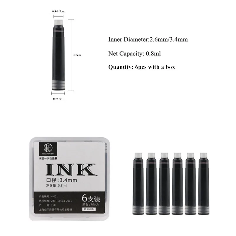 Majohn 6pcs Fountain Pen Ink Refill Cartridges 2.6/3.4mm Caliber Office Supplies School Student Stationery for Majohn N1/Wancai 2