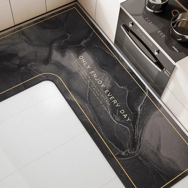 Leather Kitchen Mat Modern Light Luxury Waterproof Oil-proof L-shaped PVC Carpet Wipeable Special-shaped Rugs Tapete De Cozinha