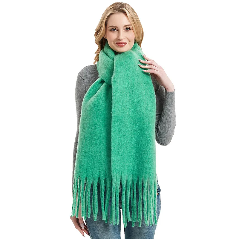 Autumn and Winter Warm Solid Colour Shawl for Women Long Tassel Rough Beard Grass Green Thickened 26 Colours Scarf