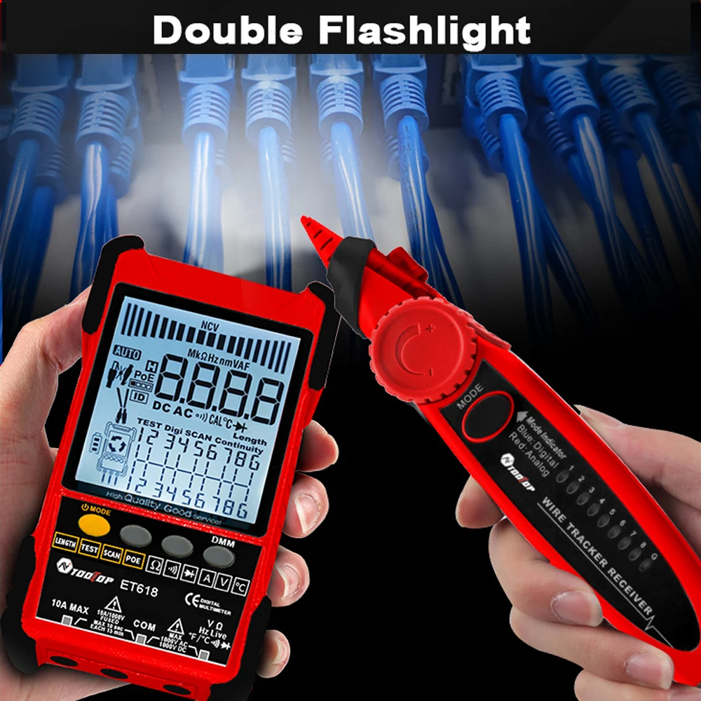 TOOLTOP ET616 ET618 Network Cable Tester with LCD Display Analogs Digital Search POE Test Cable Pairing