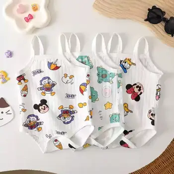 Summer Newborn Baby Boys Girls Sleeveless Rompers Cartoon Mickey Minnie Donald Print Vest Sling Jumpsuit Cotton Infant Bodysuit