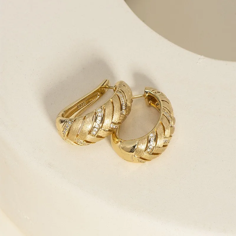 

S925 Sterling Silver Jewelry Gold-plated Italian Brushed Crafts Manship Retro Woven Hoop Earrings for Women