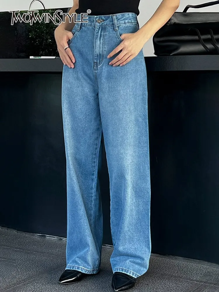 

TWOTWINSTYLE Straight Jeans For Women High Waist Patchwork Zipper Casual Loose Minimalist Basic Wide Leg Pants Female Fashion