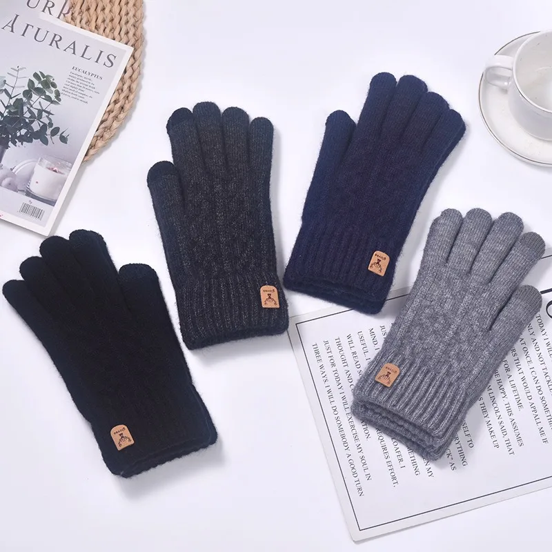 New men's warm gloves winter touch screen plus fleece gloves cold warm wool knitted gloves Outdoor Windproof Skiing Snow Mittens