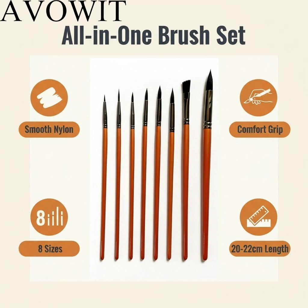 AVOWIT 8개 아트 페인트 브러쉬 - 아크릴, 수채화, 유화, 페이스 페인팅, 캔버스 및 DIY용 다용도 원형 및 평면 나일론 브러쉬
