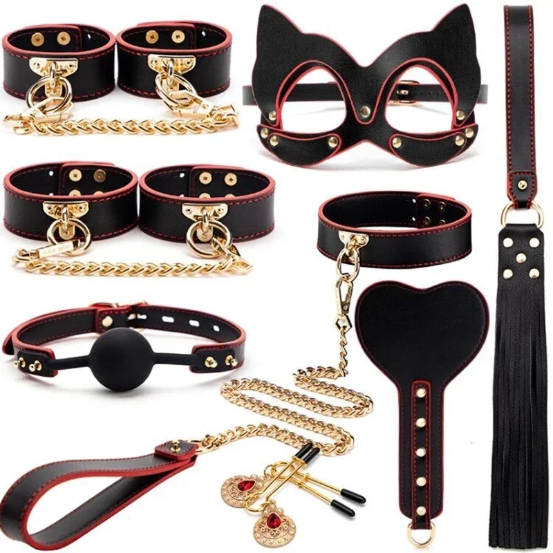 BDSM Genuine Leather Bondage Set Fetish Handcuffs Collar Gag Whip Erotic Sex Toys For Women Couples Adult Games sex handcuffs sex toys