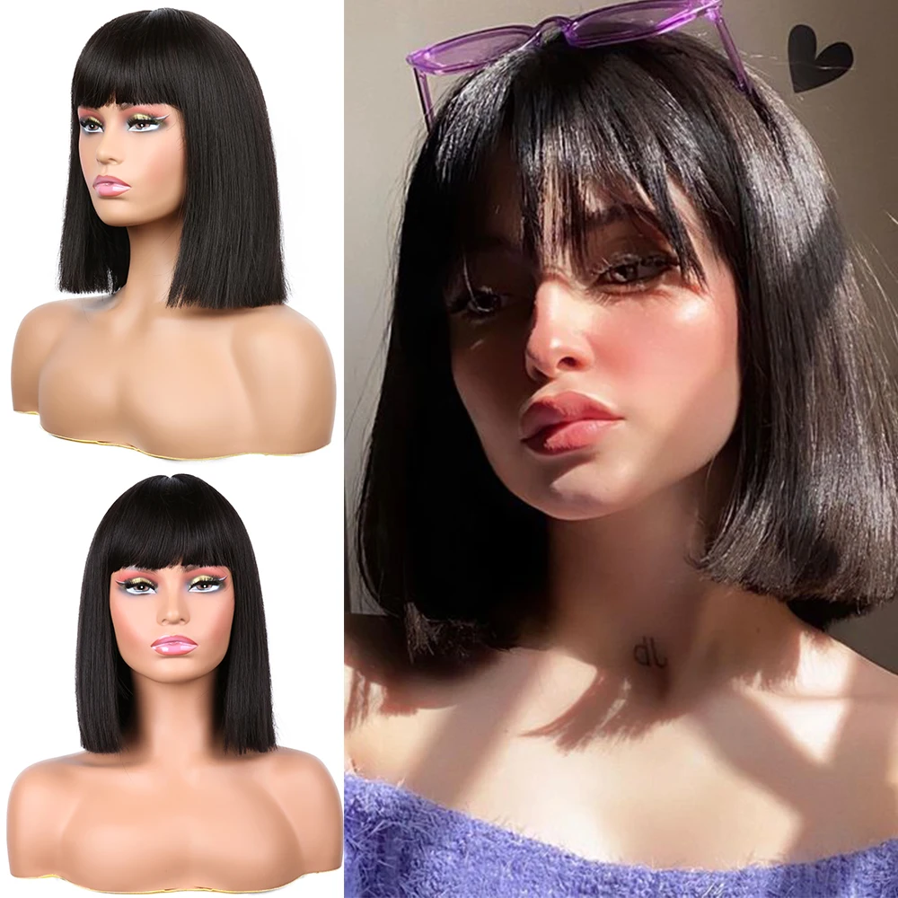 Lansa Synthetic Bob Wigs Short Bob Straight Wig With Bangs for Women Black Pink Wig for Party Daily Use Shoulder Length