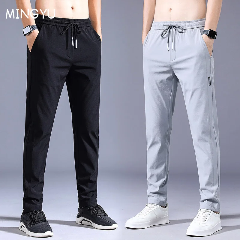 

Summer Men's Casual Pants Thin Soft Elasticity Lace-up Waist Solid Color Pocket Applique Korea Grey Black Work Trousers Male 38