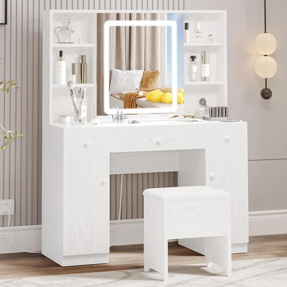 

IRONCK Vanity Desk Set with Large LED Lighted Mirror & Power Outlet, 7 Drawers Vanities Dressing Makeup Table with Storage Bench
