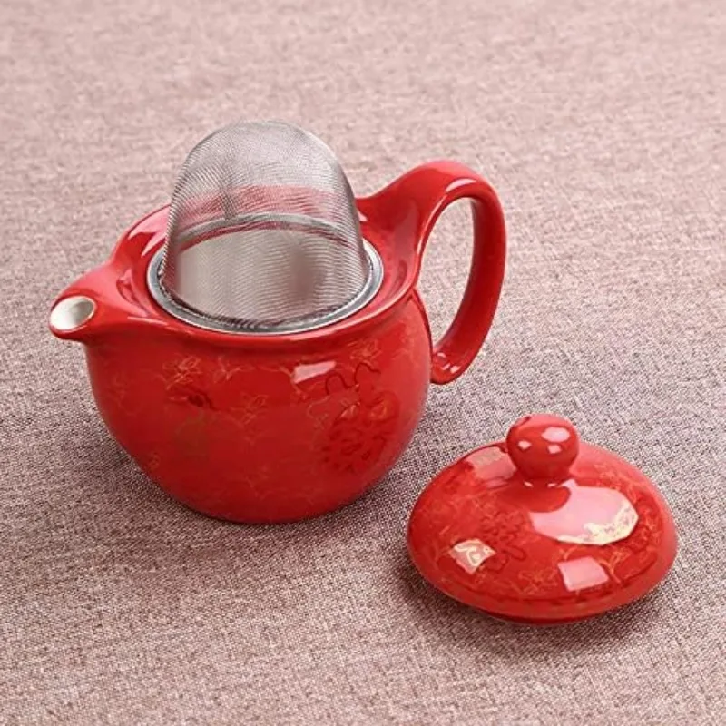 Chinese Traditional Wedding Decoration Supplies Double Happiness Porcelain Tea Set Teapot and Tea Cup 7 Pcs, Red Wedding
