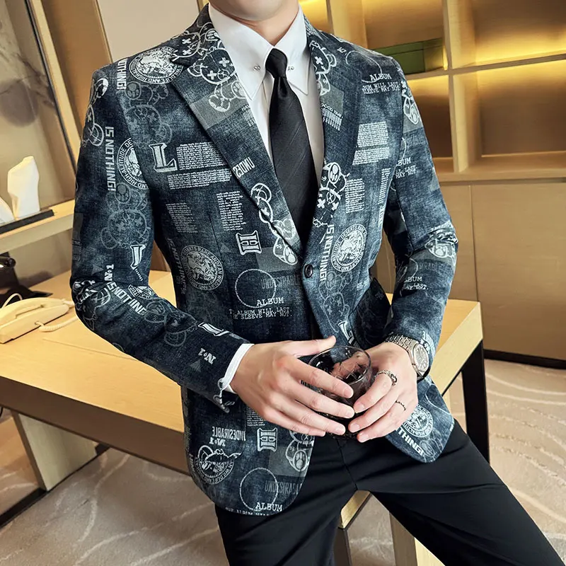 Autumn Winter Jacquard Denim Suit Jacket for Men Fashion Business Casual Blazers Streetwear Social Men Clothing