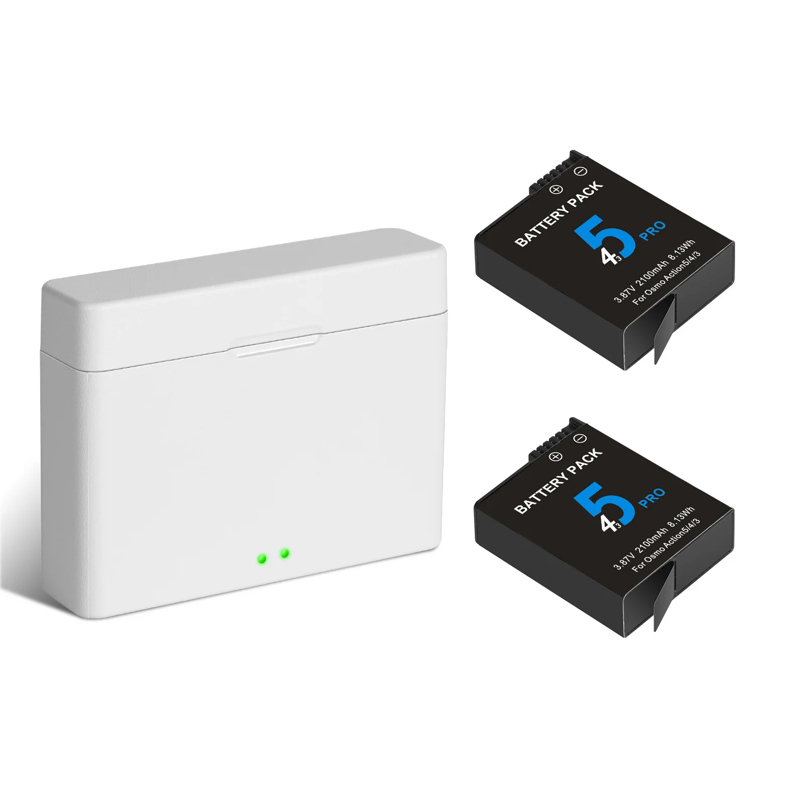 Batterie rechargeable pour caméra action 360, vue de face et de dos, connecteurs dorés.