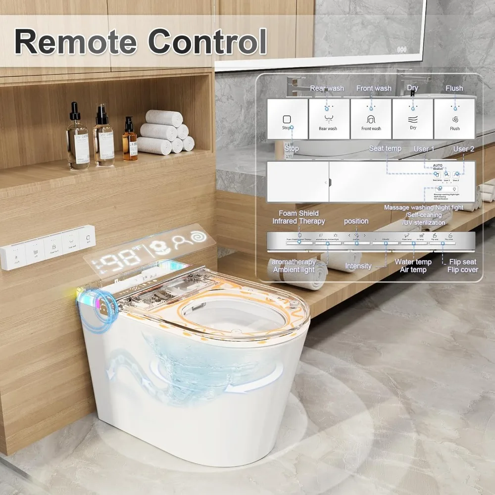 Smart Toilet,Heated Seat,Dryer, Ambient Light,User Memory Mode1.32GPF Flush Power,LED Display,Side Control Knob &Wireless Remote 2