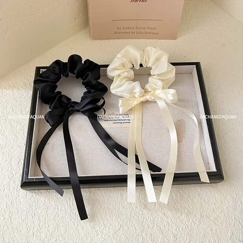 French Hairrope With Satin Ribbon Bow Scrunchies Ponytail Hair Scarf HairTie Elastic Hair Rubber Bands Hair Accessories