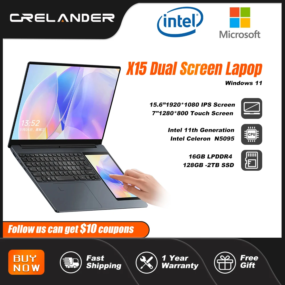 Crelander X15 Laptop A Doppio Schermo 15.6 "Ips + 7" Touch Screen 16G Ddr4 2Tb Ssd Intel 11Th Gen N5095 Windows11 Computer Portatile