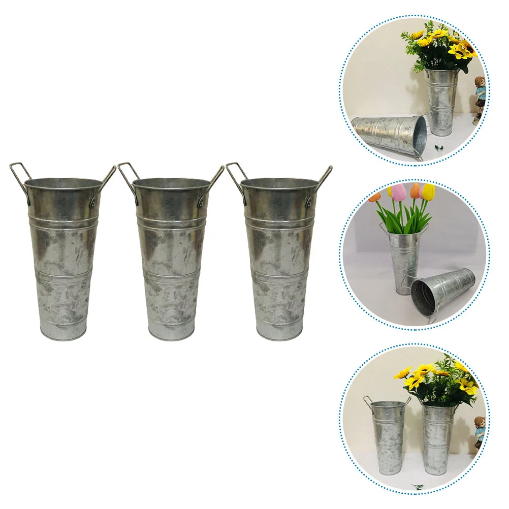 

3 Pcs Floral Decor Retro Distressed Barrel Vase Handle Iron Bucket Metal Succulents Flower Flowerpot Household Arrangement