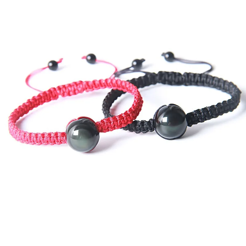 Energy Bracelets Natural Black Rainbow Eye Obsidian Bracelet Couple Hand Woven Lucky Red/Black Rope Beads Ball For Men Women | Украшения и