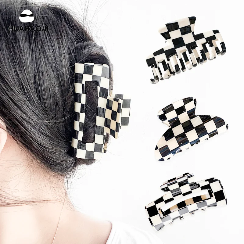 

Vintage Style Black and White Checkerboard Hair Claws For Women Girl Acrylic Striped Hair Grab Clips