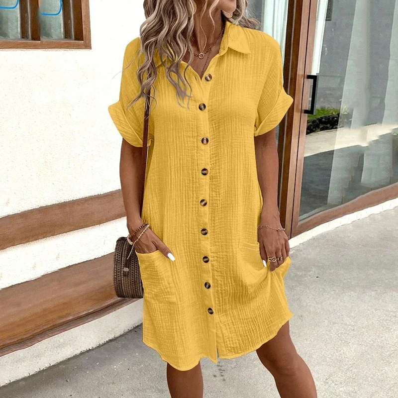 

Casual Simple Solid Women's Dresses Summer New Turn-down Collar Single Breasted Short Sleeve Casual Elegant Female Mini Dress