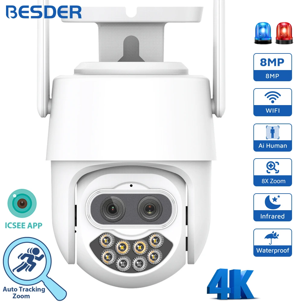 

4K 8MP WiFi Камера IP Двойной Объектив 8X Цифровой Зум AI Обнаружение Человека Автоматическое Слежение Цвет Ночное Видение Открытый CCTV Видео Wifi Камеры Наблюдения Охрана Защита PTZ IP Камера Besder