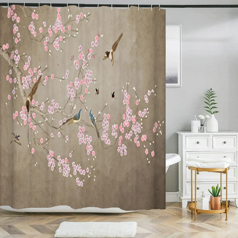Chinese Style Flower and Birds Tree Shower Curtains Bath Curtain Waterproof Bathroom Decor With Hooks 3d Printing Bath Curtain 4