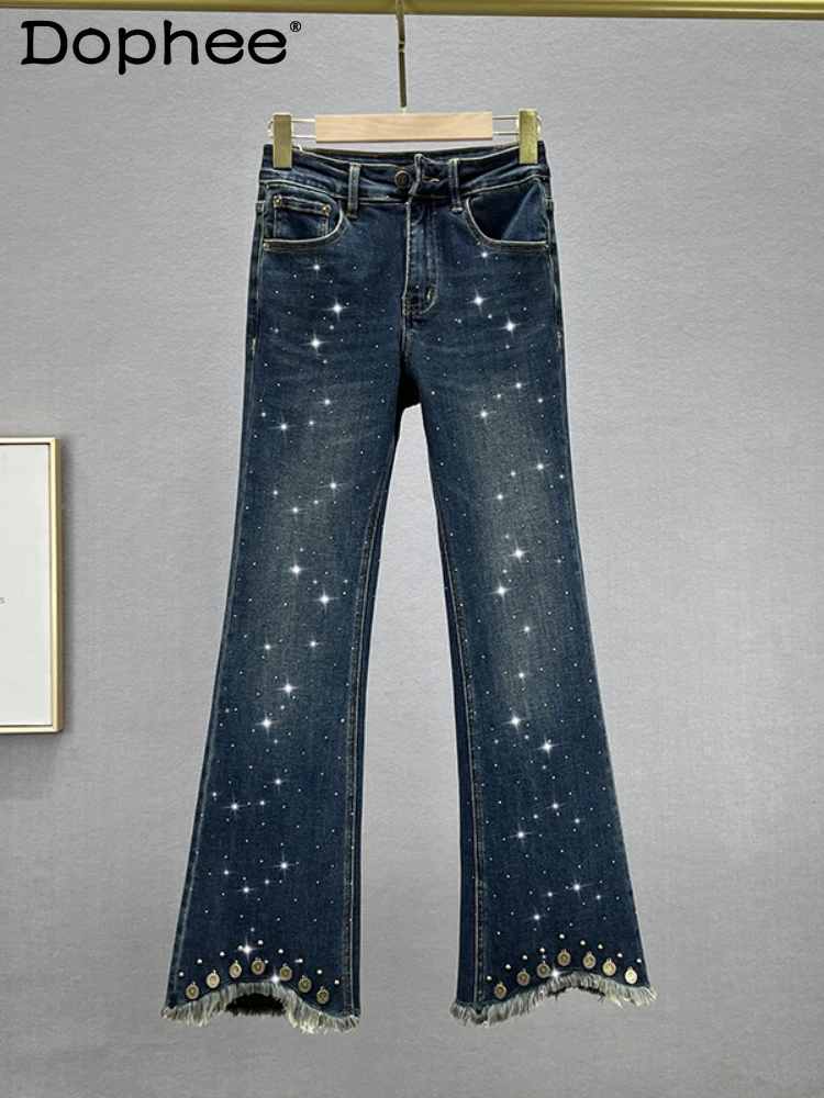 Heavy Industry Rhinestone Jeans for Women 2023 Spring Autumn High Waist Slim Fit Hot Drilling Bootleg Pants Trousers Female rhinestone denim women s wide leg pants 2023 spring and autumn new high waist loose printed trousers female vintage clothes