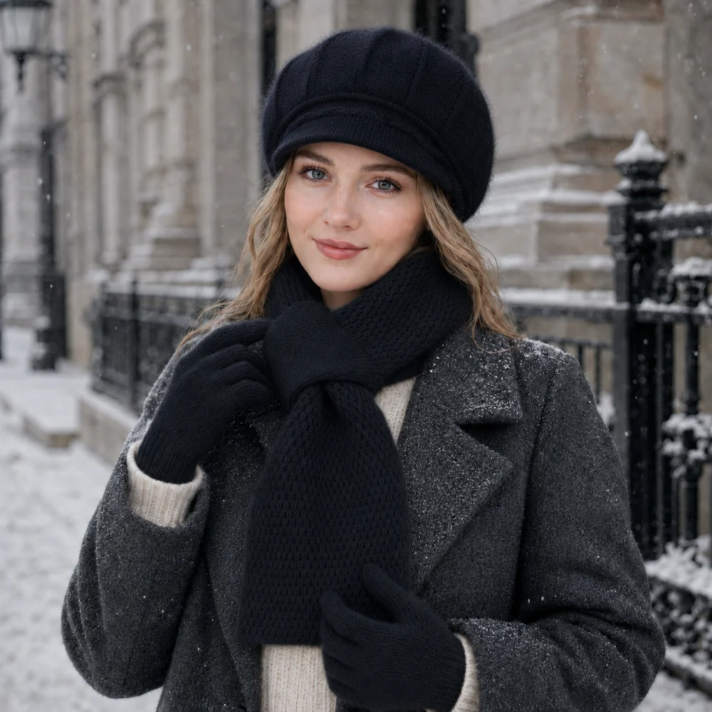 3-Piece Women’s Winter Hat Scarf Gloves Set, Fuzzy Visor Cap & Pull-Through Neck Warmer, Warm Knit Cold Weather Accessories