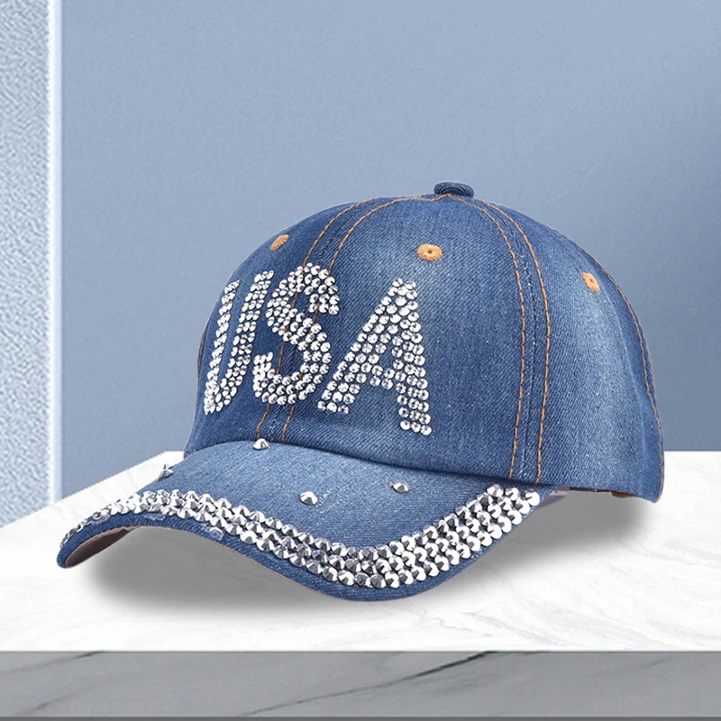 Women s Sparkling Rhinestone Embellished Adjustable Baseball Cap with Ponytail Opening for 4th of July Celebration