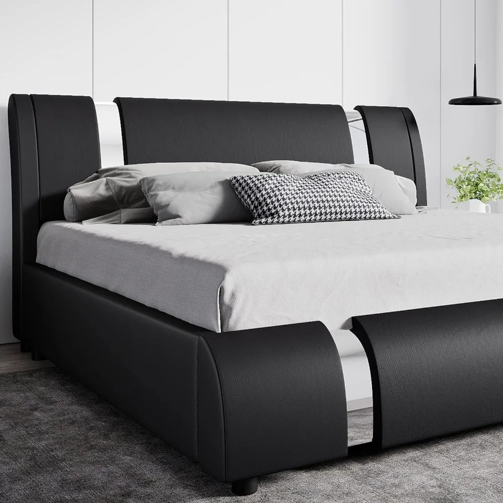 

Queen Bed Frame with Adjustable Headboard, Deluxe Upholstered Platform with Solid Wooden Slats Support, Queen Bed Frame