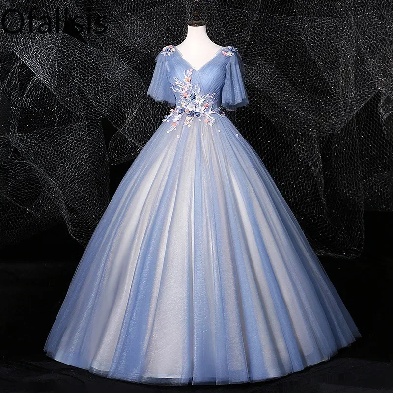 

Ofallsis V neck Short Sleeve Evening Dress Women Long Style Art Exam Solo Puff Stage Host Performance Temperament Dresses