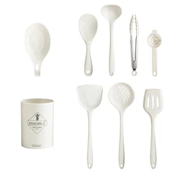 Silicone Kitchen Utensil Set - Non - Stick Cooking Tools with Silicone Handles, 9 - Piece Cookware Accessories (9PCS - Barrel - White)