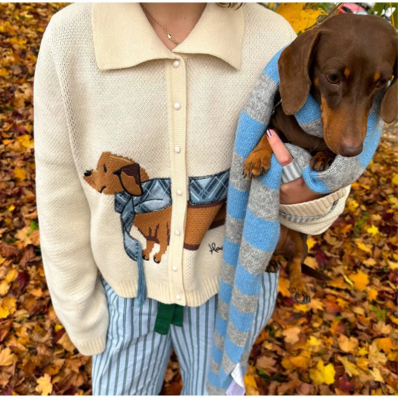 Casual Knitted Printed Dog Cardigan Women Vintage Cute Lapel Single Breasted Short Sweaters Female Autumn Chic Street Knitwear