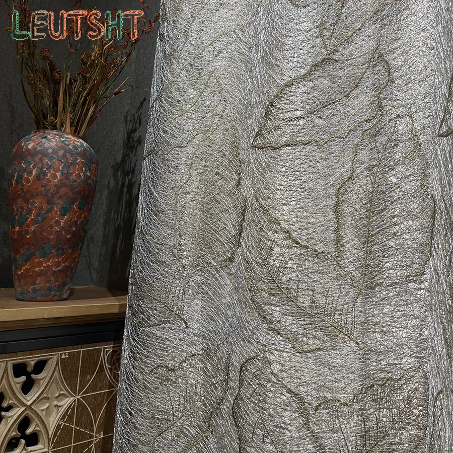 High-Grade Gold Leaf Bird's Nest Hollow Jacquard Sheer Curtains for Living Room Bedroom Luxury Gray Delicate Tulle Home Decor 2