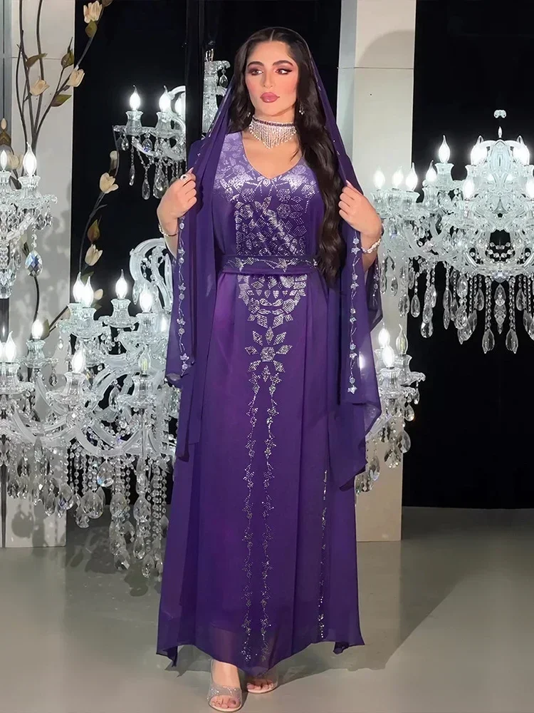 Long Sleeve Hijab Party Dress for Women Muslim Diamond Abaya Chiffon Maxi  Vestidos Morocco Kaftan Turkey Arabic Long Robe 2023 - AliExpress 200000345
