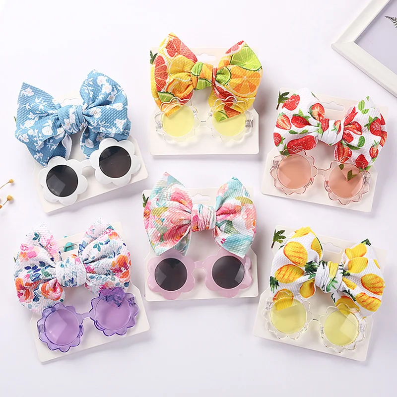 

Children Sunglasses Headband Set Fashion Fruit Print Bow Headband UV Protection Sun Glasses Baby Girl Cute Hair Accessories Gift